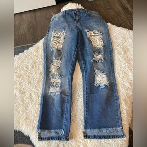 Mossimo High Rise Mom Jeans distressed high low size 10/30 stretch